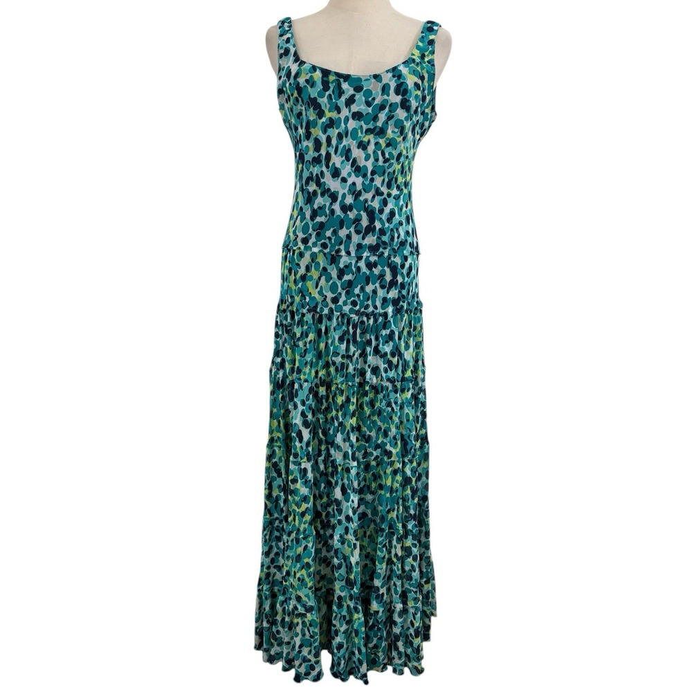 Vtg 90s Y2K Kasper Teal Abstract‎ Print Maxi Dress Drop Waist Tired Skirt Sz 8